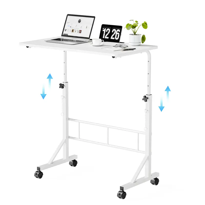 Sweetcrispy Modern White Ergonomic Desk - Heavy-Duty Steel Base, Adjustable Height, 4 Lockable Wheels Glide Between Rooms, Sturdy Sit/Stand Relief Option, Computer Desk for Home Office & Bedroom