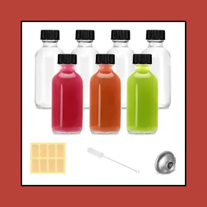 2oz Small Clear Glass Bottles with Lids - 7 Pack Shot Bottles with Caps for Ginger Shots, Juice, Potion, Liquids, Whiskey - Mini Travel Bottles with Funnels, Stickers and Brush (7Pack-Clear)