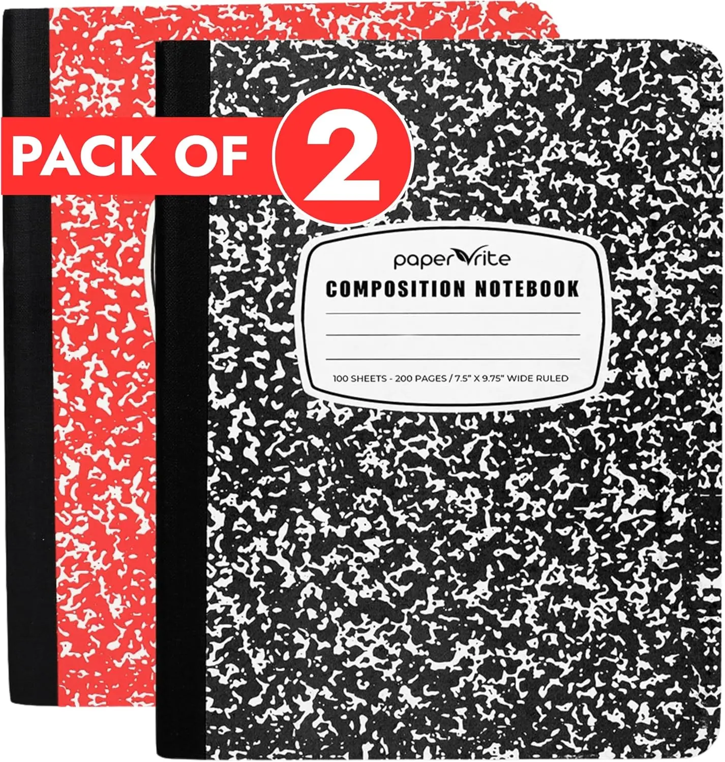 Paper Rite Assorted Marble Composition Notebook Wide Ruled (9.75x7.5 in), 100 Sheets | 200 Pages | For School, Office, Students, Teachers (2, Black & Red)