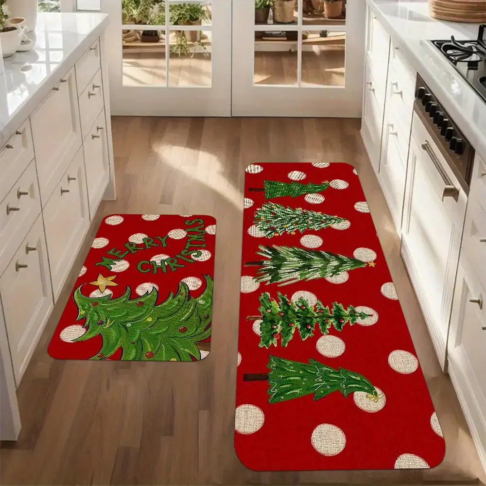 2pcs/3pcs, Everyday Household Kitchen Mat Set - Merry Christmas with Christmas Tree Pattern Kitchen Decoration, Flannel Rug, Suitable for Sink, Bedroom, Living Room, Dining Area