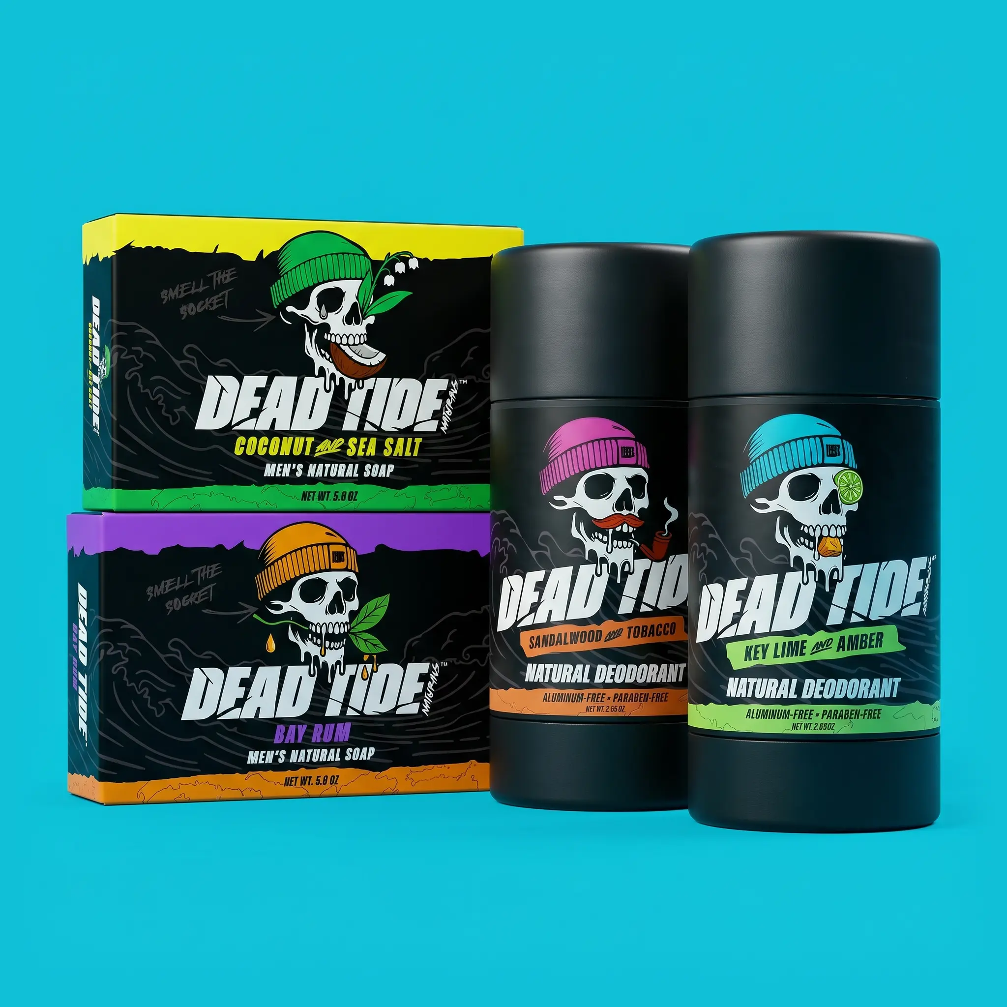 The Signature Pack is Dead Tide's ultimate bundle.  Two natural, cold process soaps and two natural deodorants will keep you stocked with premium, badass men's natural products for at least a month. 