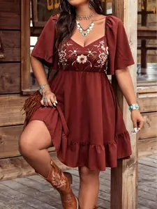 Fashionable Plus Size Floral Embroidered Boho Bohemian Patchwork Woven Fitted Dress, Casual Home Wear Loungewear, Stylish for Women, Comfortablepajamas Nightwear and Elegant