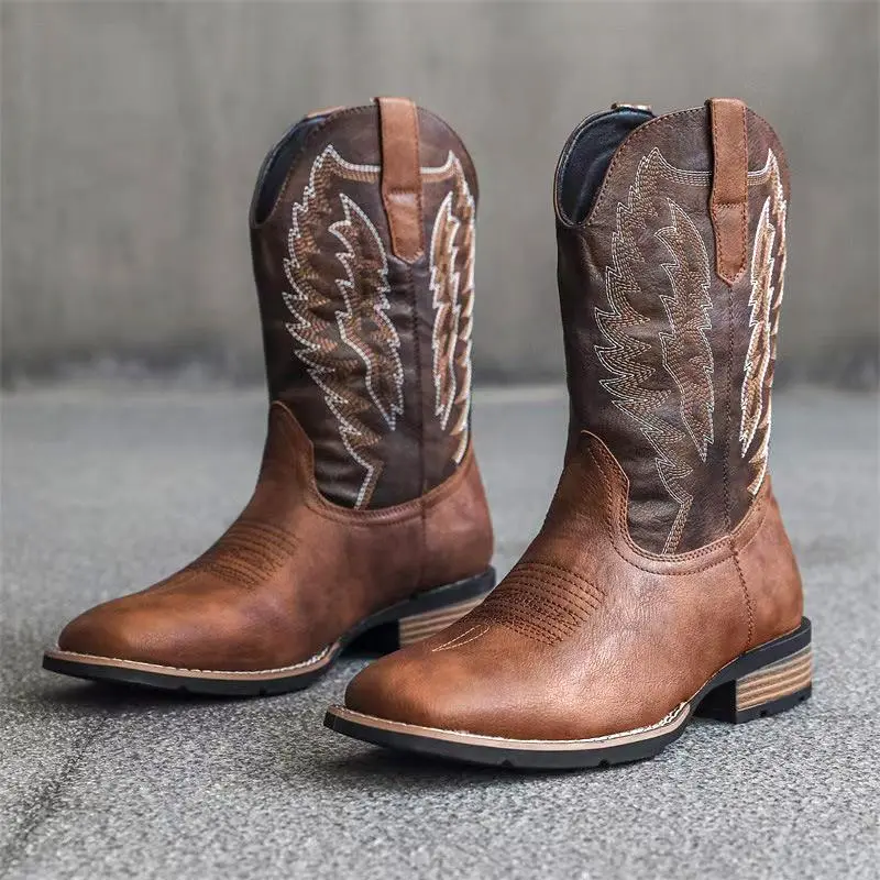 Zotixvox Men's Embroidered Western Cowboy Boots, Mid-Calf Statement Shoes with a V-Mouth Cut, Comfortable Rubber Sole for Country Boy Style, Decor
