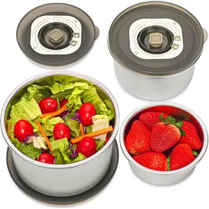 Vacuum Sealed  Containers - Large Set of 3 Stainless Steel Metal Lunch Storage with Translucent  - Leakproof &  Grade - Fridge/Freezer Kitchen Nesting Bowls