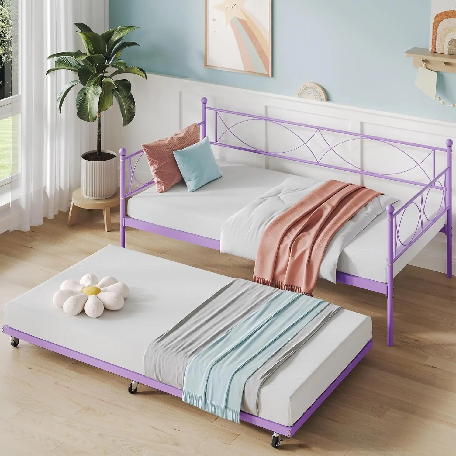 Twin Size Metal Daybed Frame with Trundle & Full Mattress Compatibility - Heavy-Duty Metal Slats, Lockable Casters Platform Sofa Bed for Living Room, Guest Room - Purple, Modern