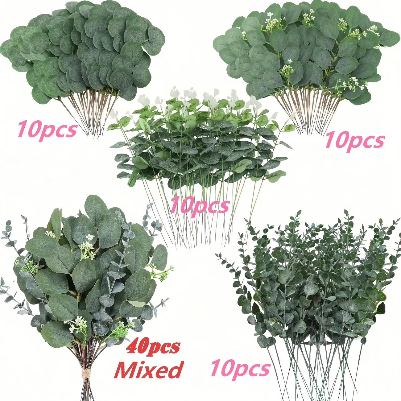 40pcs Bulk Artificial Eucalyptus Mixed Flowers, 4 Leaf Options, Easy DIY Bouquets, Bouquet Decorations, Wedding Holiday Home Decor, Artificial Plants
