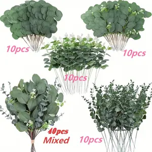 40pcs Bulk Artificial Eucalyptus Mixed Flowers, 4 Leaf Options, Easy DIY Bouquets, Wedding Holiday Home Decor, Artificial Plants
