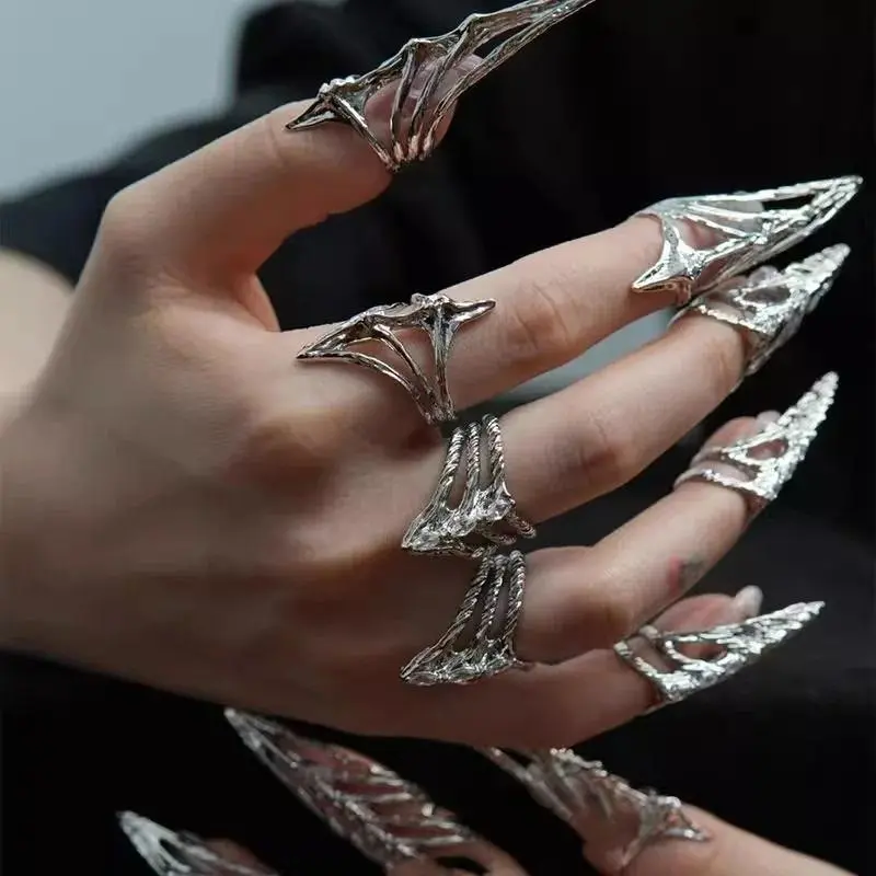 Gothic Punk Nail Cover Bone Ring Fashion Metal Hollow Fingertip Protective Cover Multilayer Finger Rings Cosplay Jewelry Set