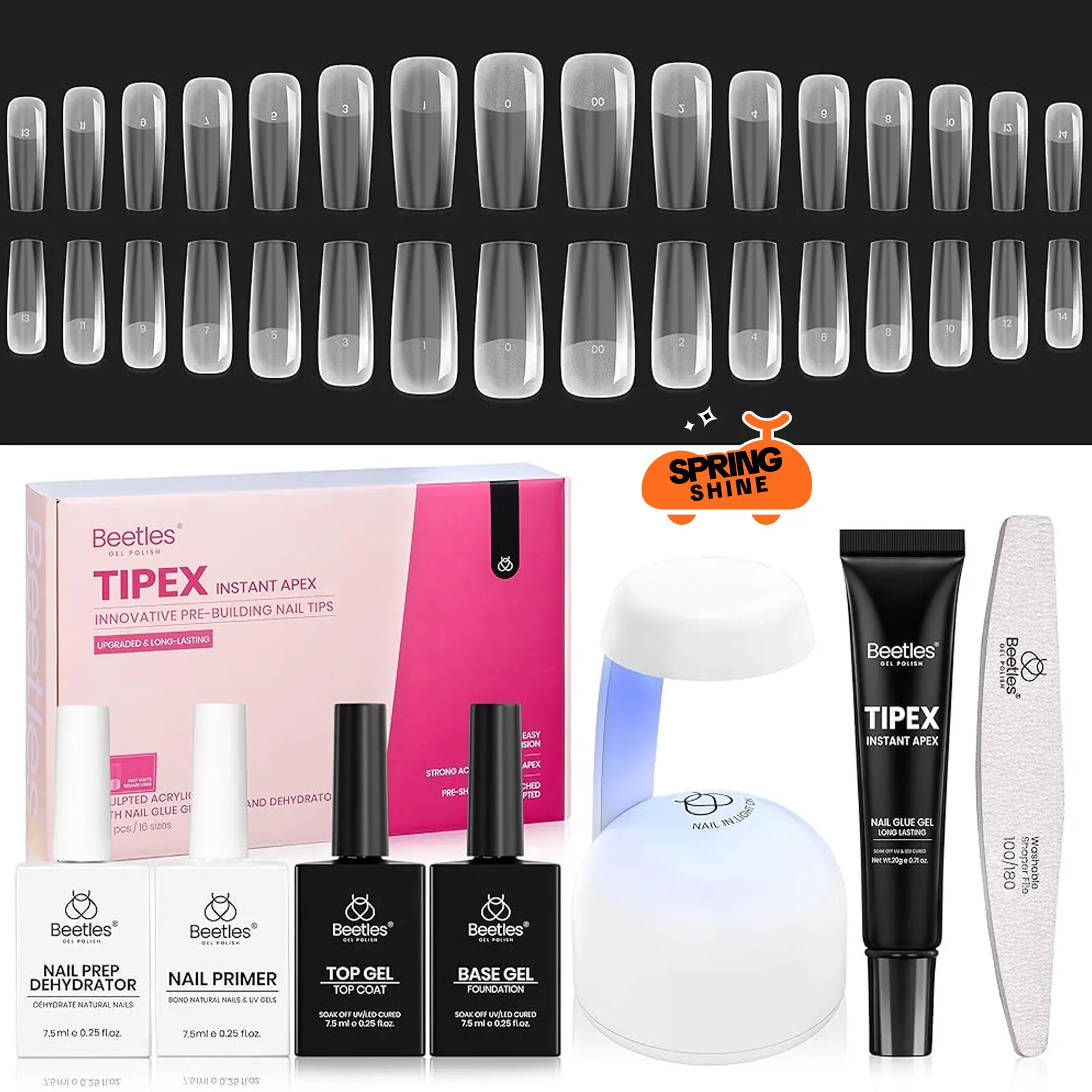 [Beetles] Tipex Instant Lite Apex Nail Tips Kit- 224Pcs Almond / Square / Stiletto / Coffin 16 Sizes with Tipex Nail Glue, Dehydrator, Primer, Base, Top Coat, Mini UV Lamp, Pre-Building Kit