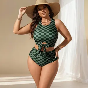 Women's Plus Size Two Piece Swimsuit Green Plaid High Waisted Bikini Set with Removable Straps & Pads, Full Coverage Tummy Control Bathing Suit for Beach Vacation