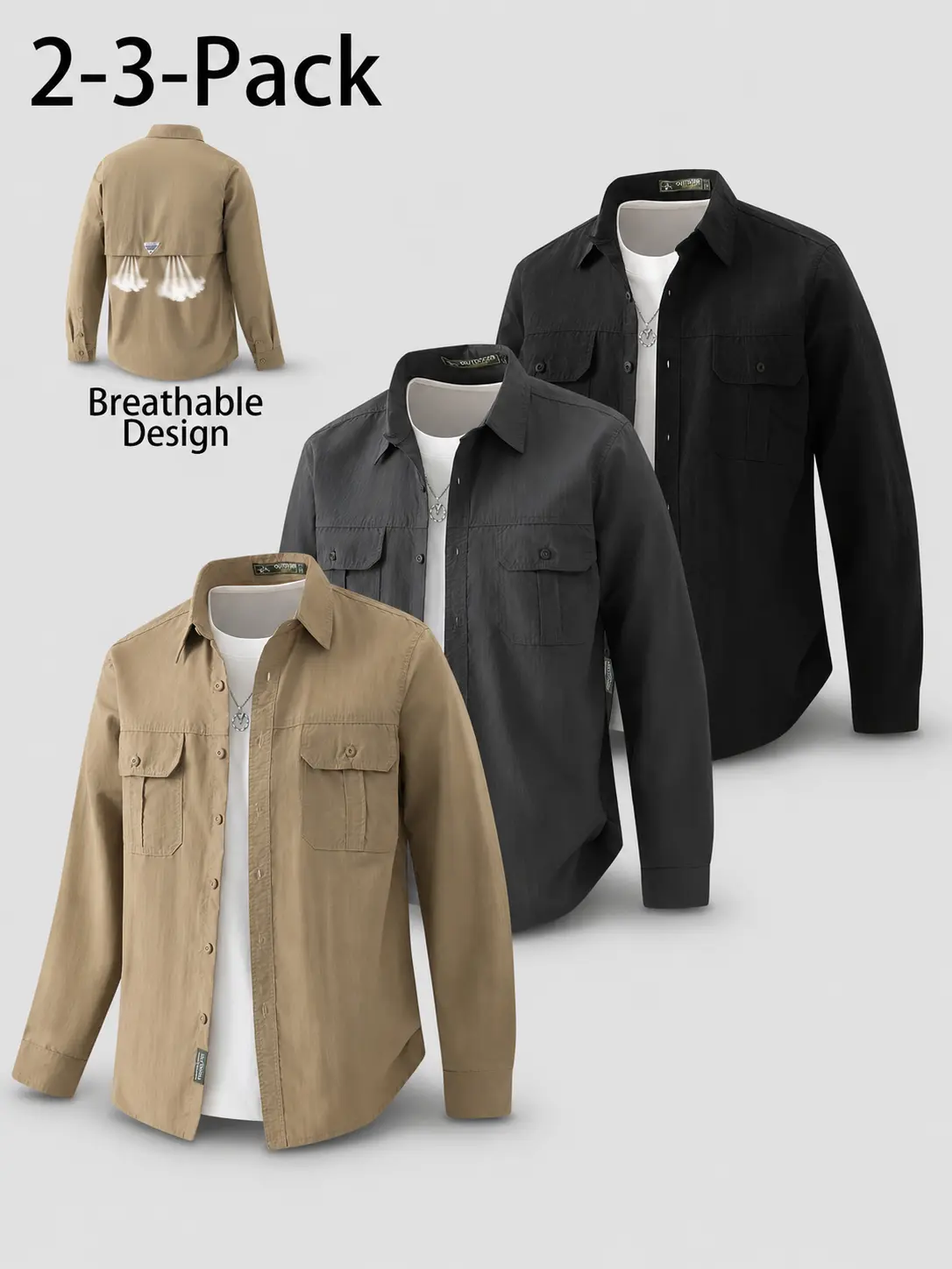 Mens 2 Pack 3 Pack Long Sleeve Breathable Button Down Shirt Sets Lightweight Outdoor Workwear Overshirt Casual Utility Pocket Hiking Fishing Travel Layering Tops Loose Fit Collared Shirt Jacket Daily Wear Summer Spring Fall Outfit For Men Vacation Camping