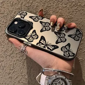 Black Small Butterfly Pattern Case for iPhone 16 15 14 Pro Max 13 12 11 XR XS E Plus Shockproof Anti-Scratch Durable PC Back Protective Cover