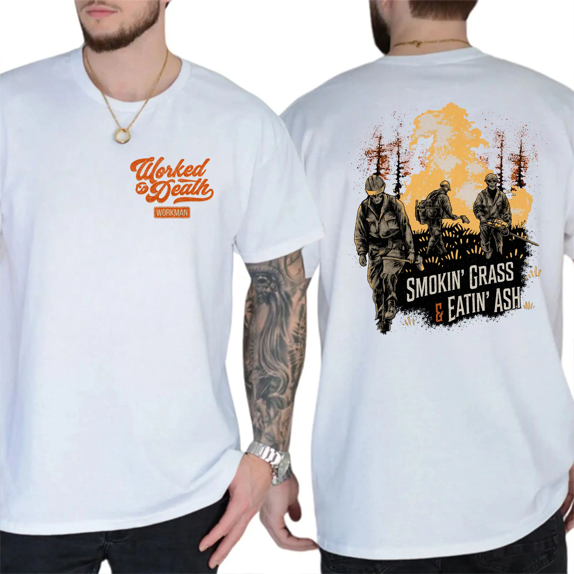 [100% Cotton] Smokin Grass Eatin Ash T-Shirt, Funny Wildland Firefighter Graphic Tee, Worked To Death Front Back Print Shirt, Forestry Crew Short Sleeve Tee, Firefighter Work Humor Gift For Firefighters Men Women