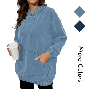 Women's Denim Hoodie, Long-Sleeve Pullover Top with Pocket