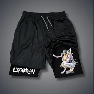 Digimon Anime 80s 90s Double-Layer Sports Shorts Graphic Shorts Black Camo Streetwear Shorts Men Outfits Men Vacation Outfits Shorts