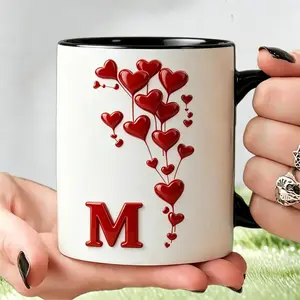 Color Changing Custom Initial Heart Novelty Coffee Mug Funny Heat Sensitive Ceramic Mug with Heart Shaped Handle 11 Ounce Valentine's Day Gift