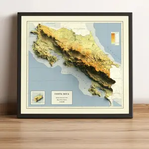 Costa Rica Map, Costa Rica 2D Relief Map, Costa Rica Vintage Map - Unframe Print