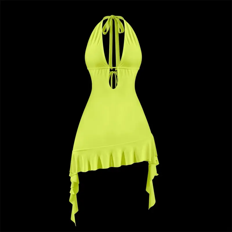 'Talia' Summer Cutout Ruffle Bodycon Dress in Vibrant Neon Yellow with Halter Neckline and Asymmetrical Hem
