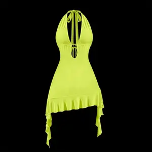'Talia' Summer Cutout Ruffle Bodycon Dress in Vibrant Neon Yellow with Halter Neckline and Asymmetrical Hem