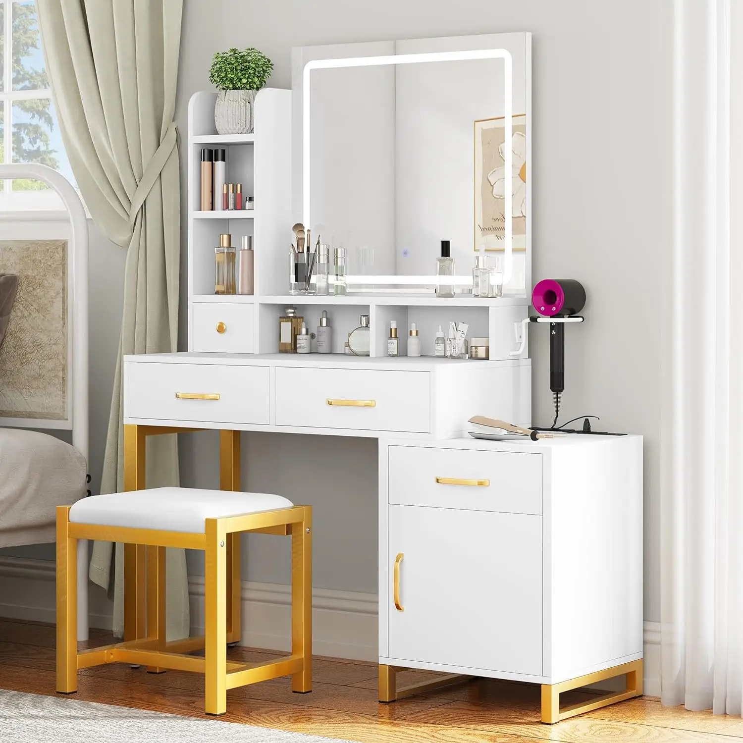 Yitahome Makeup Vanity with Lights and Charging Station, Vanity Mirror with Lights and Table Set, Large Vanity Desk with Storage Shelves, 3 Lighting C