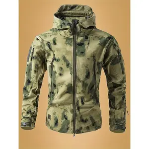Men's Camouflage Print Softshell Jacket, Multi-Pocket Hooded Coat, Windproof Outdoor Jacket For Hiking And Camping