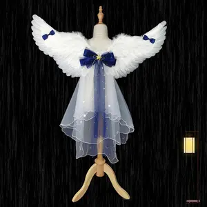 Angel Feather Wings Props for Christmas & Halloween Performance Costume Stage Princess Back Decoration White & Blue Bow