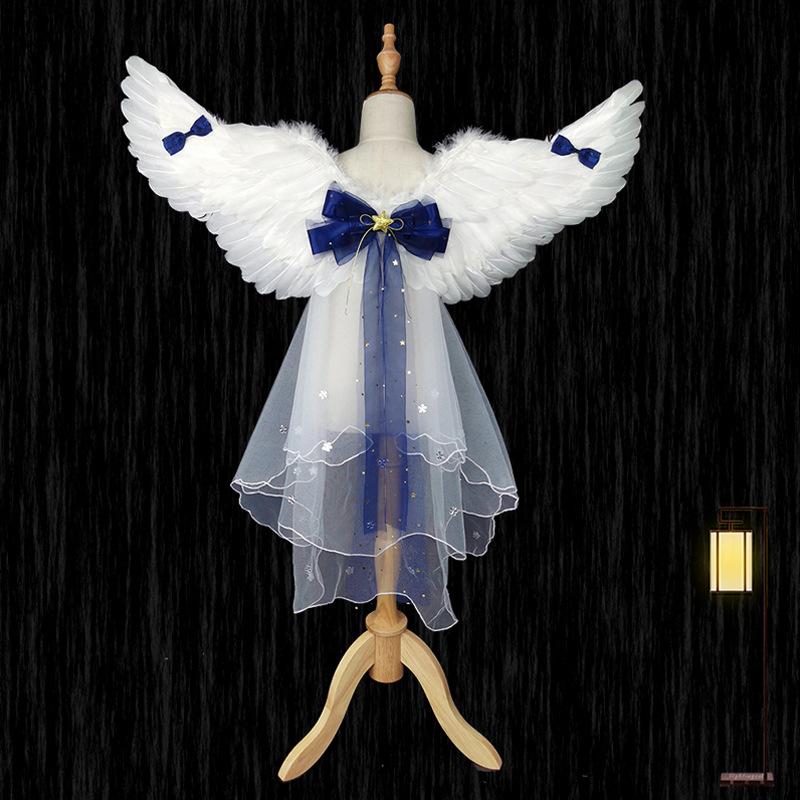Angel Feather Wings Props for Christmas & Halloween Performance Costume Stage Princess Back Decoration White & Blue Bow