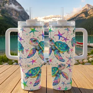 40oz 20oz Stainless Steel Insulated Tumbler – Cute Sea Turtle Design, Reusable Cup with Handle, Lid & Straw, Keeps Drinks Hot & Cold