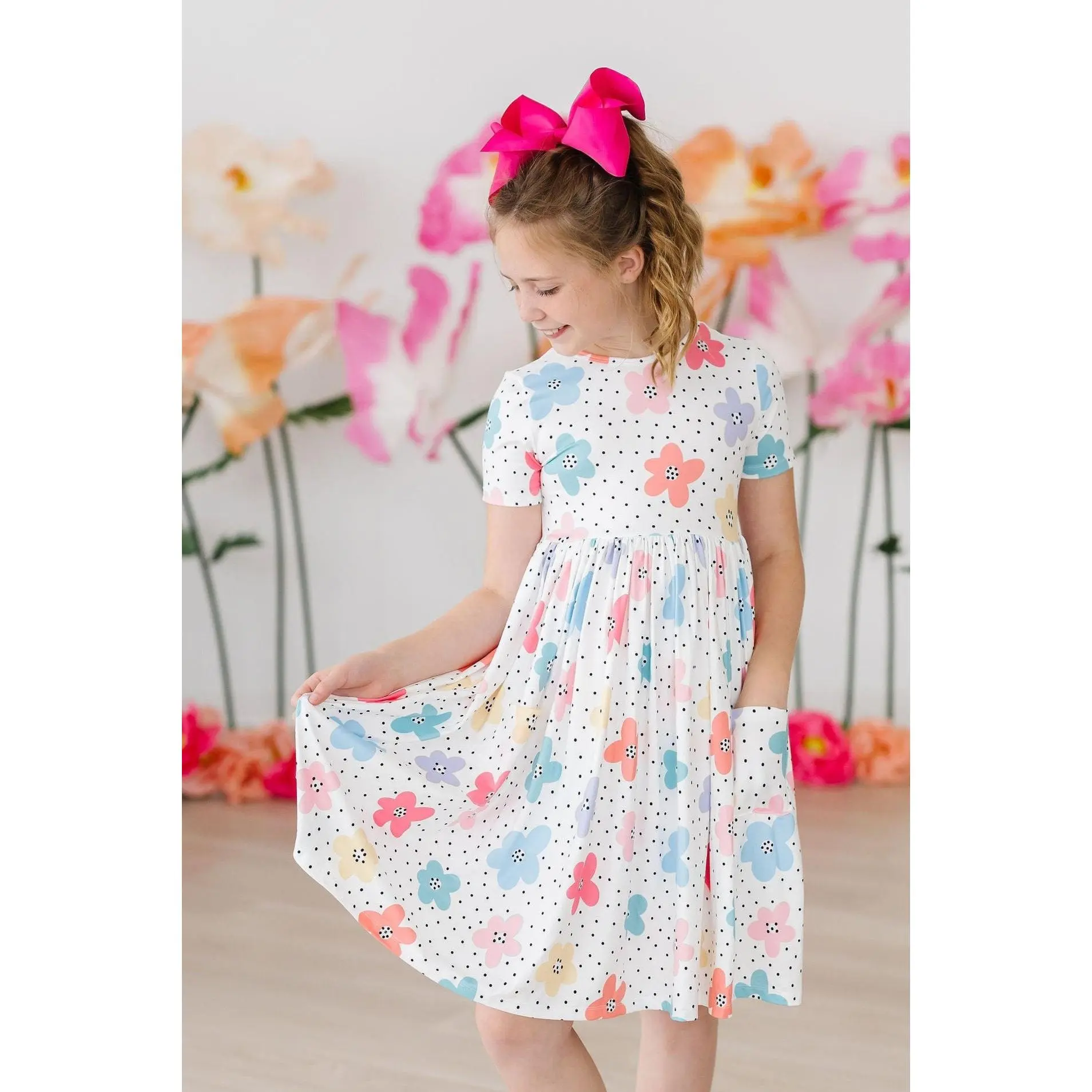 Dots & Daisies S/S Pocket Twirl Dress -Half Sleeve Print Frock -Girls' Comfortable Summer Dress For School, Party & Casual Wear - Kids Fashion