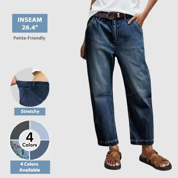Flamingals Mid Rise Premium Barrel Jeans Stretchy 26.4'' Inseam Flattering Fit Modern Stitching All Seasons Ultra Comfy Denim for Casual Outfit