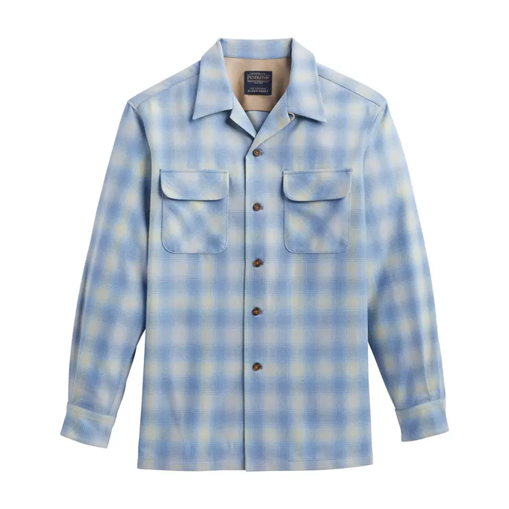 Pendleton Menswear Collared Longsleeves Wool Board Shirt - Men's Water-Resistant Button-Down Top, Light Blue Ombre Plaid Fabric