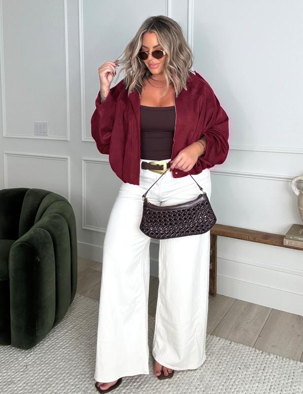 HVEWARM Women's Faux Suede Bomber Jacket Fall Winter Lapel Pilot Coat Casual Oversized Long Sleeves Zip Up Trendy Streetwear Outerwear Soft Luxe Look Classic Trendy Twist