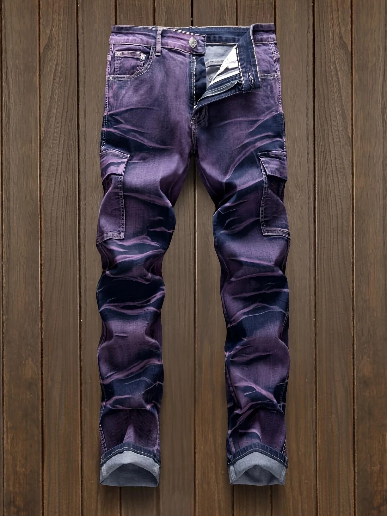 Men’s European & American fashion tie-dye straight jeans with a distressed finish in purple