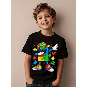 Boys' Autism Awareness Puzzle & Rainbow Sensory Friendly T-Shirt - Soft Breathable 100% Crew Neck Short Sleeve Top with Colorful Puzzle Print, Autism T Shirt, Comfortable Clothing, Playful Design, Durable Fabric