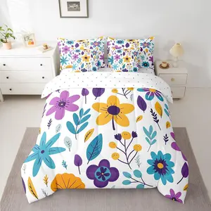 Cute Flower Comforter Set with Sheets Cute Flower Floral 7 Piece Bedding Set for Kids Girls Teens Toddler Cartoon Floral Bed in a Bag Yellow Purple Bed Set