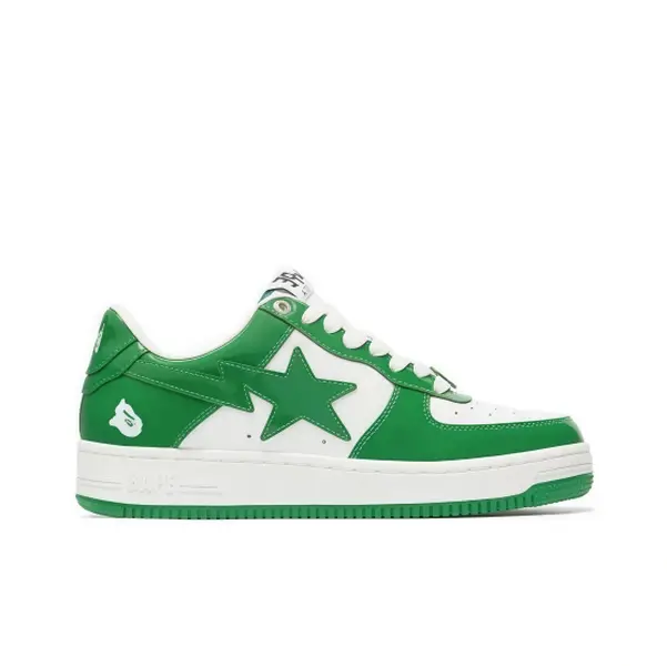 White and green low-top sneaker with leather overlays, green star logo, green rubber sole, retro skate silhouette, clean color blocking.