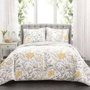Lush Decor Aprile 3 Piece Quilt Set with Floral and Leaf Patterns, Includes Pillows and Cover, Soft Fabric Design