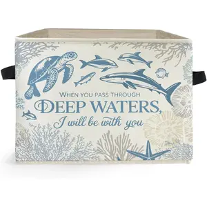 Blue Beach Christian Box Bins, Ocean Turtle Collapsible Basket Organizer for Bedroom Laundry Room Home Clothes Toys Books, for Girls Boys