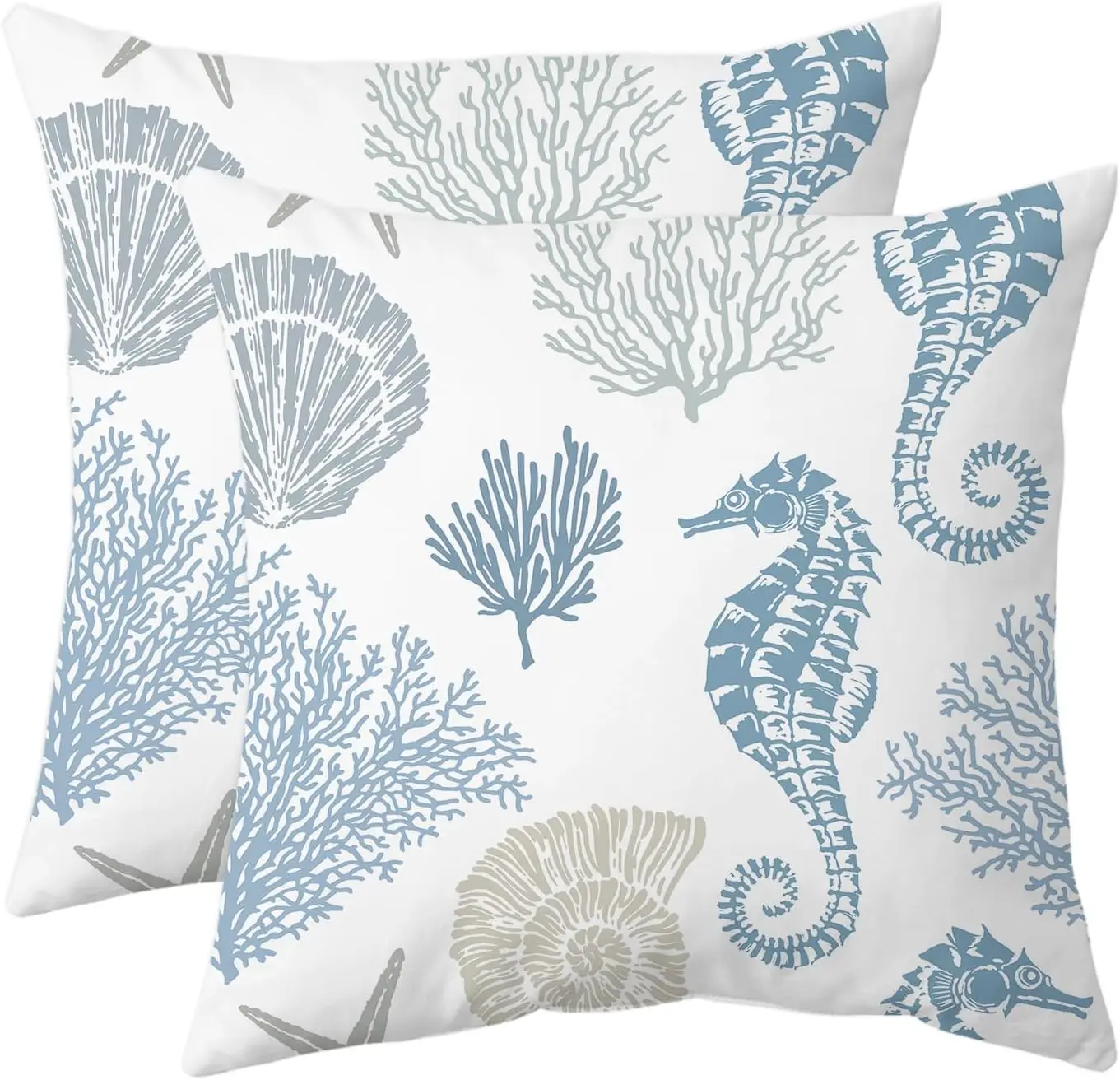 Set of 2 Coastal Seahorse Throw Pillow Covers, 18x18 Inch Nautical Coral & Seashell Cushion Cases for Sofa, Bedroom, Living Room