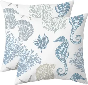 Set of 2 Coastal Seahorse Throw Pillow Covers, 18x18 Inch Nautical Coral & Seashell Cushion Cases for Sofa, Bedroom, Living Room