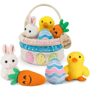 Baby's First Easter Basket Stuffers Playset, 5ct Stuffed Plush Bunny Chick Carrot Egg for Babies Girls Boys Kids Infant Toddler, Personalized Easter Decorations Gifts Party Supplies