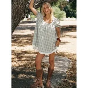 Embracing Puff Sleeve Swing Mini Dress Blue Check