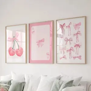 Three-Piece Frameless Fashion Bow Poster Wall Art Set, Academy Style Posters, Dorm Room Decor, Watercolor Bow Print Bedroom Walls, Art Wall Decoration