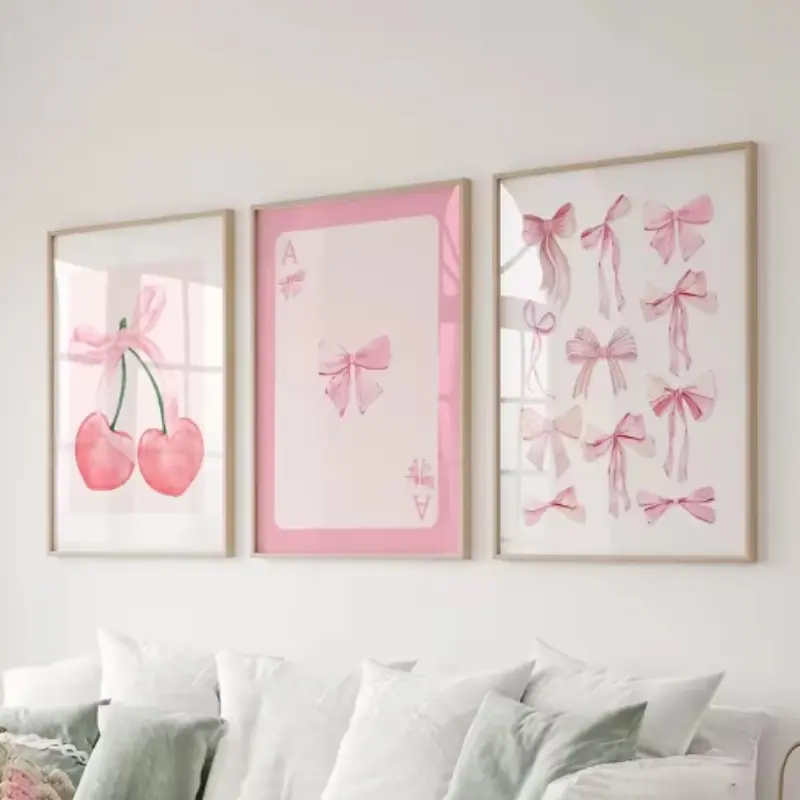 Three-Piece Frameless Fashion Bow Poster Wall Art Set, Academy Style Posters, Dorm Room Decor, Watercolor Bow Print Bedroom Walls, Art Wall Decoration, Unframed Wall Art, Art Prints, Home Wall Art, Aesthetic Wall Decor
