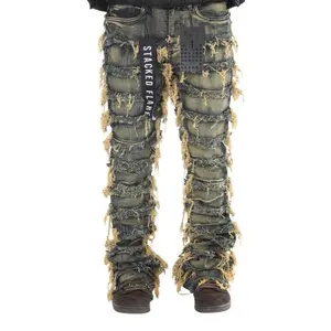 Dark Blue Vintage Tint Wash Stacked Flare Jeans Double Layer Frayed Street Style Denim with Distressed Look