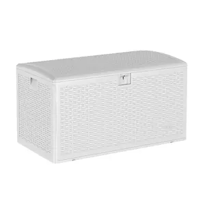 120 Gallon Large Lockable Waterproof Outdoor Storage Box – Deck Box with Gas Rod Lid – Patio Furniture and Garden Tools Organizer – White