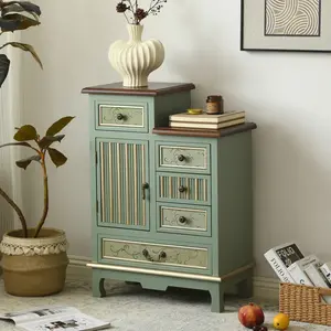 Vintage Carved Wood Cabinet with 5 Drawers and Door, Sage Green Decorative Storage Chest for Entryway, Hallway, or Living Room – Deals for You Days