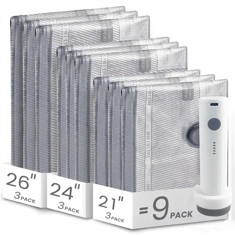 【2026 Upgraded】X9 Cordless Travel Vacuum Storage Compression Bag Set with Rechargeable air Pump 9 Pack Waterproof & Reusable Compression Packing Bags for 2 Size,140L/Min Powerful Air Removal，Perfect for Carry-On Suitcases,