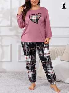 Plus Size Heart Plaid Print 2-Piece Set Long Sleeve Pants Comfortable Fashion Casual Sleepwear, Spring & Fall Fitted Loungewear Pajama Set