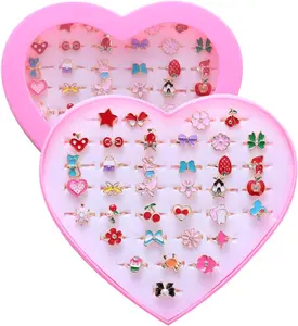 Summer Spring Gift 36pcs Little Girl Rhinestone Gem Rings,Adjustable,Random Color Style Kids Play Rings in Box,Pretend Play and Dress Up Rings